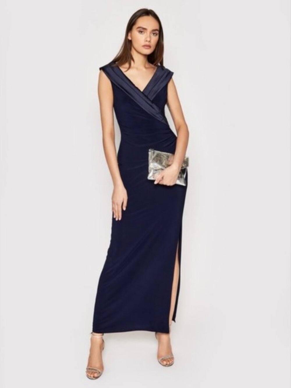 Lauren Ralph Lauren Womens 12 Navy Crepe Off-the-Shoulder Formal Maxi Gown